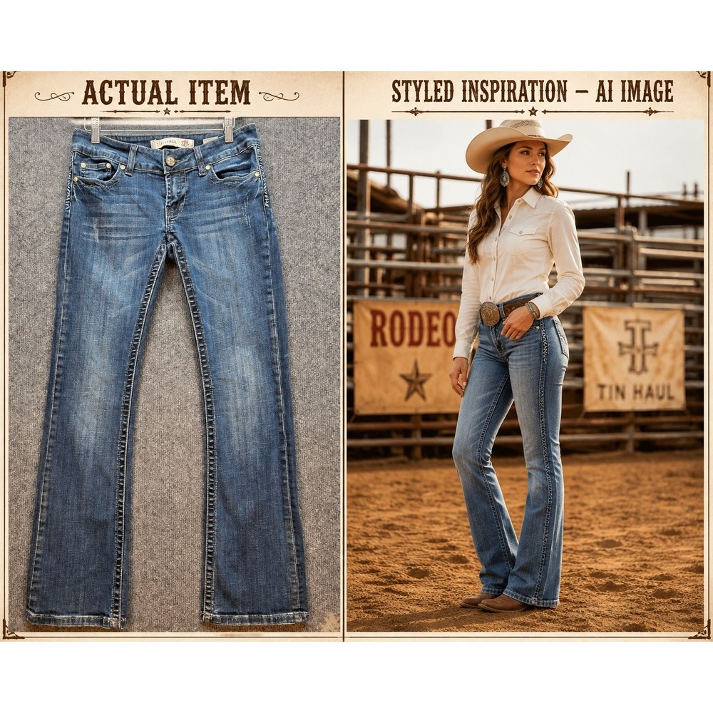 Tin Haul Bootcut Jeans Women Low Rise Contrast Stitch Blue 28R Excellent Western